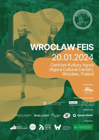 Na zielonym plakacie postacie tanczace taniec irlandzki. Plakat promuje  Wrocław Feis. Międzynarodowe zawody tańca irlandzkiego.