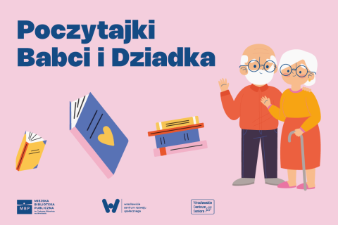Zaproszenie na 23 stycznia 2024 r. o godz. 9:30 do udziału w projekcie pt. Poczytajki Babci i Dziadka plakat z postaciami graficznymi dziadków.